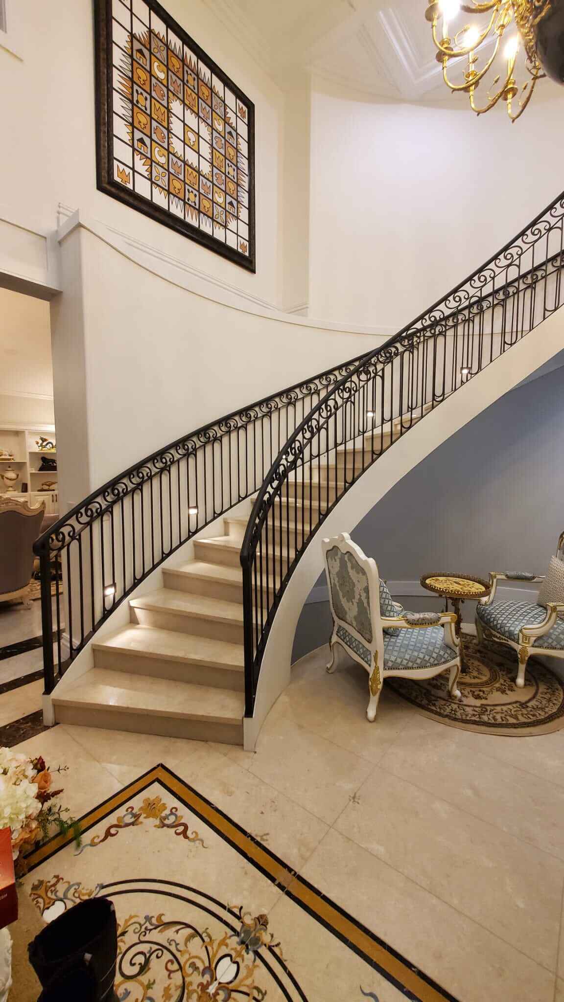 Beautiful Design Wrought Iron Railing Curved Staircase from Foshan Factory details