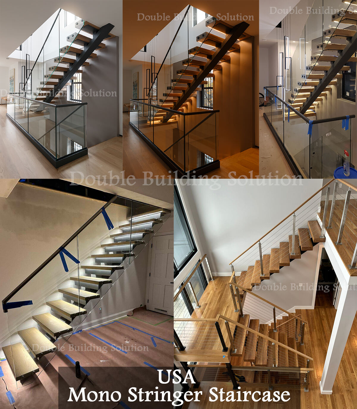 Modern design Interior zig zag stairs basalt stair step and tempered glass panel railing handrail staircase system supplier