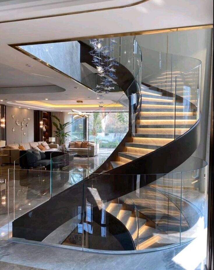 Luxury style curved double plate stringer marble stone tread floating spiral stairs with railings from Foshan factory supplier