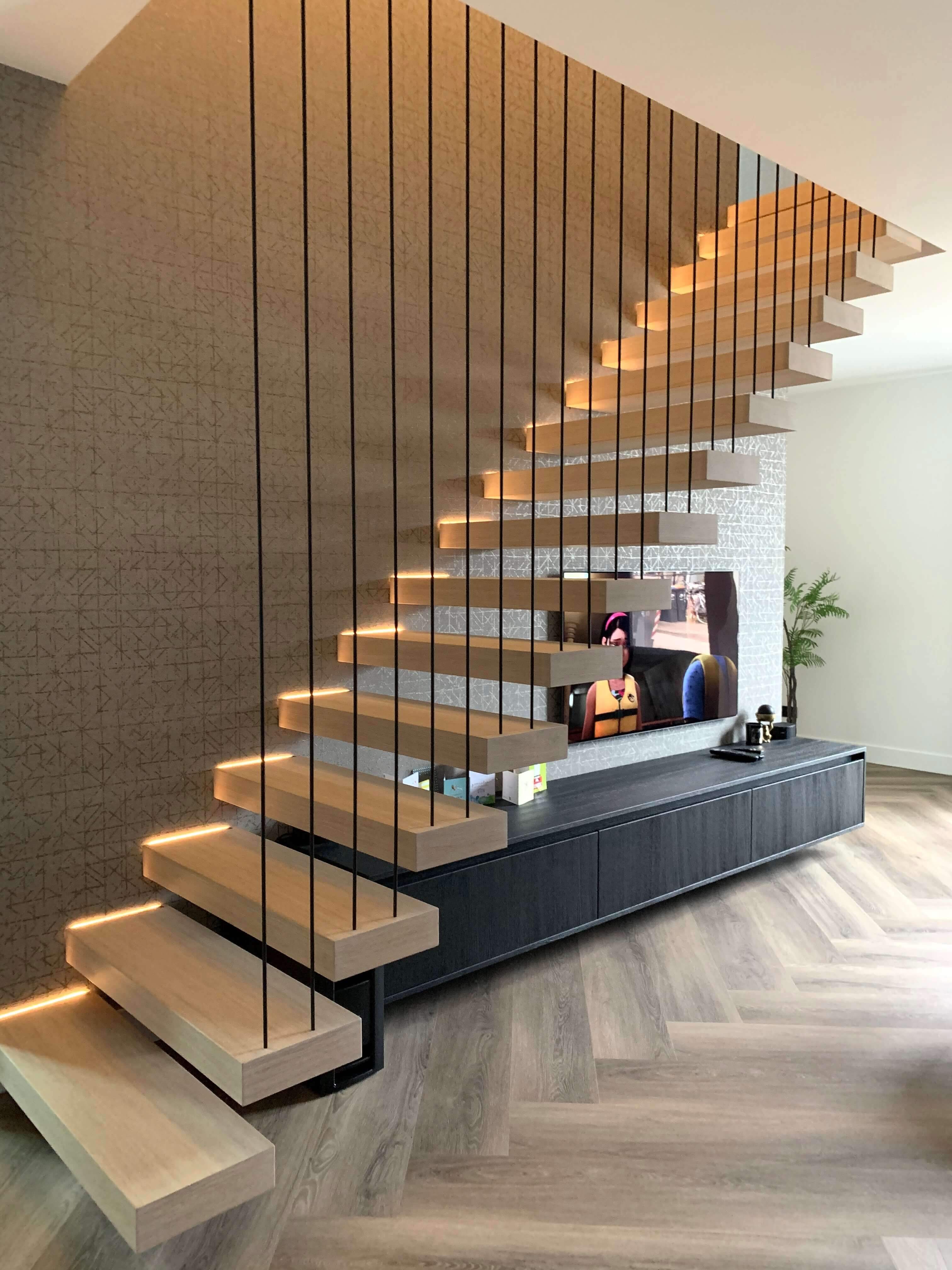 American style fancy cantilever carbon steel stringer white oak wood open tread step with led lights floating stairs with rail supplier