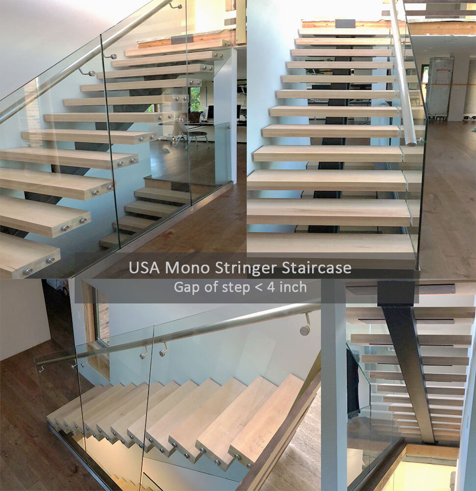 Straight Run Floating staircase customized to make with beech wood stair treads and tempered glass railing stairs system details