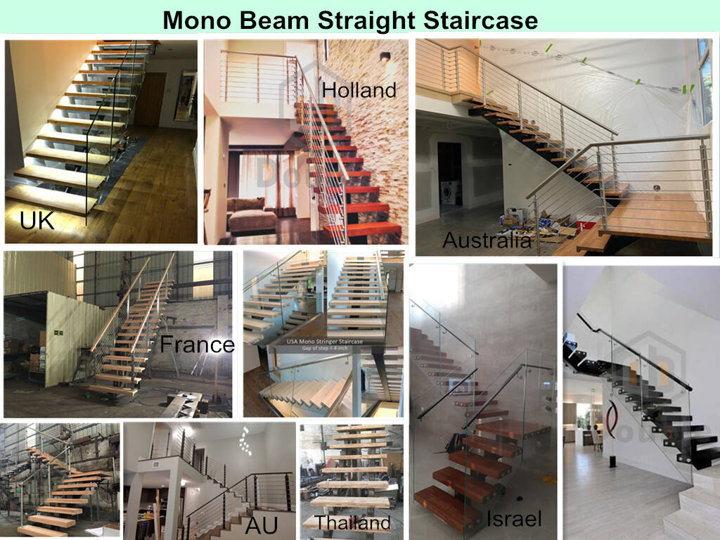 Straight Run Floating staircase customized to make with beech wood stair treads and tempered glass railing stairs system factory