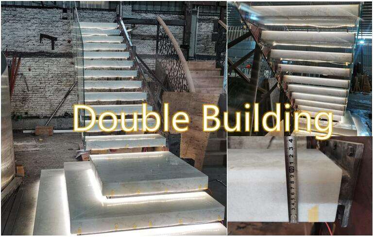 Modern design Interior zig zag stairs basalt stair step and tempered glass panel railing handrail staircase system supplier