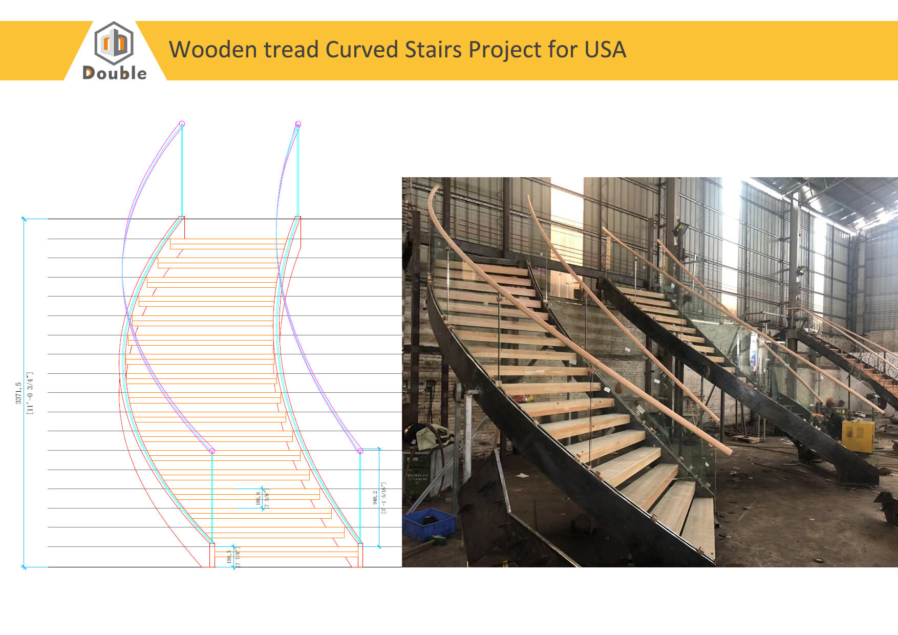 Customized Curved Shape Steel Bar Spiral Staircase Design / Villa Indoor steel curved staircase foshan manufacture