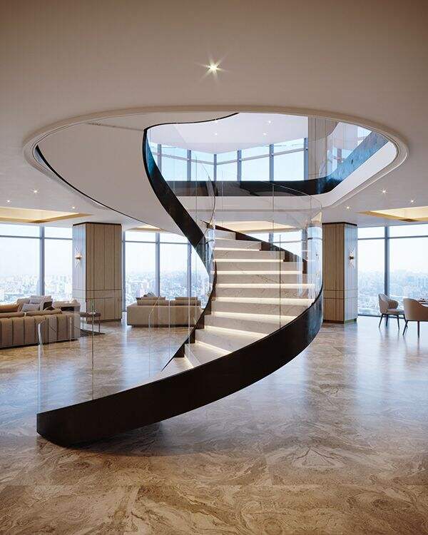 Various Style Custom Stairs Curved Staircase with Glass Railing from Foshan Factory supplier