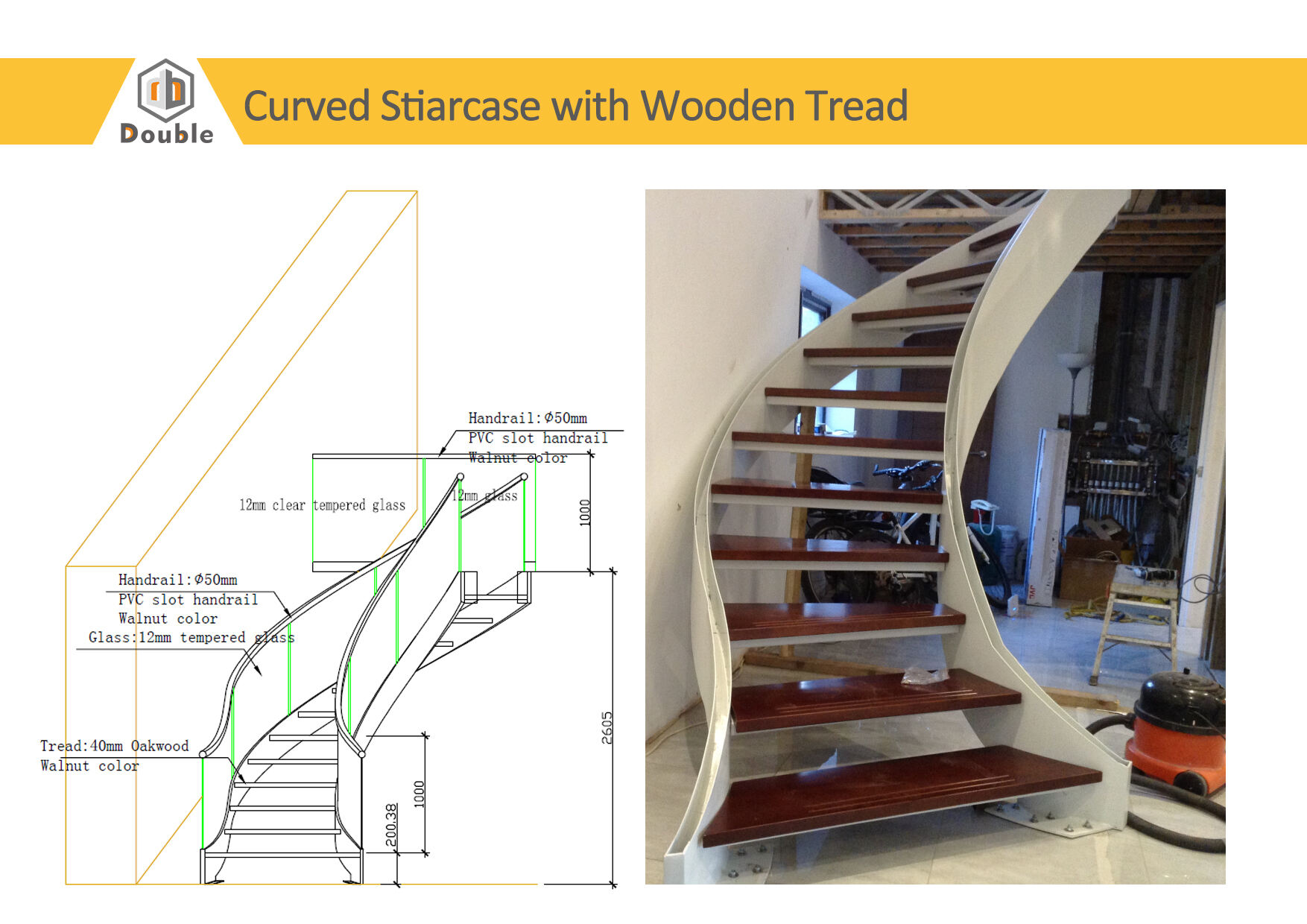 Modernity luxury steel curved staircase Wooden Steps and Curved Staircases kits Glass Railing Stairs factory