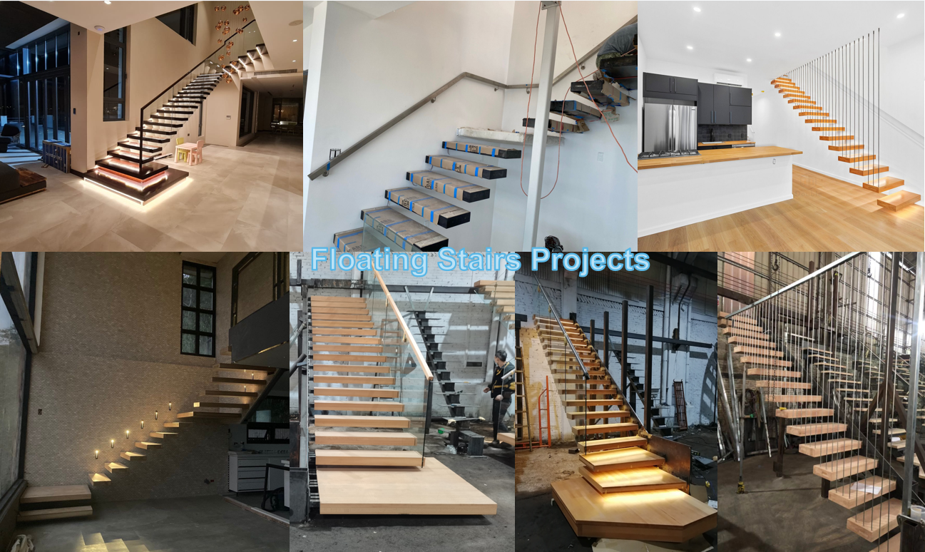 Fancy design embedded steel stringer white oak open wood steps cantilever floating stairs with railings from Foshan factory factory