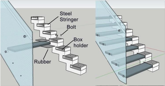 DB Modern Colorful Laminated Tempered Glass Tread Floating Straight Staircase for America details