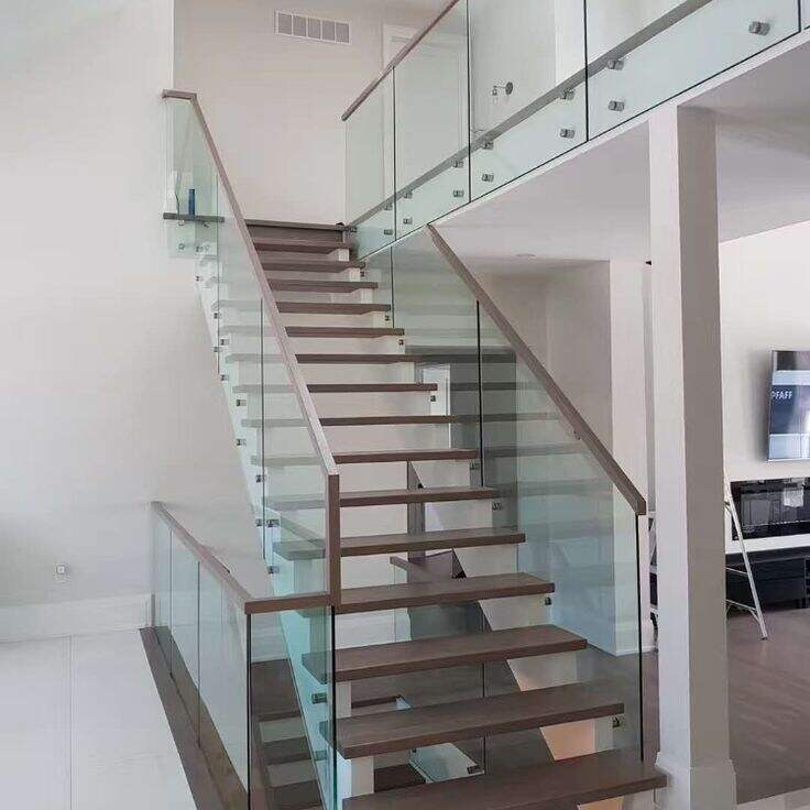 Home stair case balustrade S.S frameless stainless steel standoff glass railing indoor details