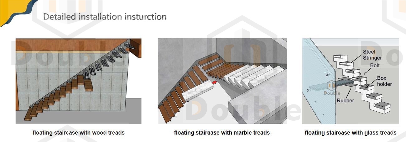 Modern design Interior zig zag stairs basalt stair step and tempered glass panel railing handrail staircase system manufacture