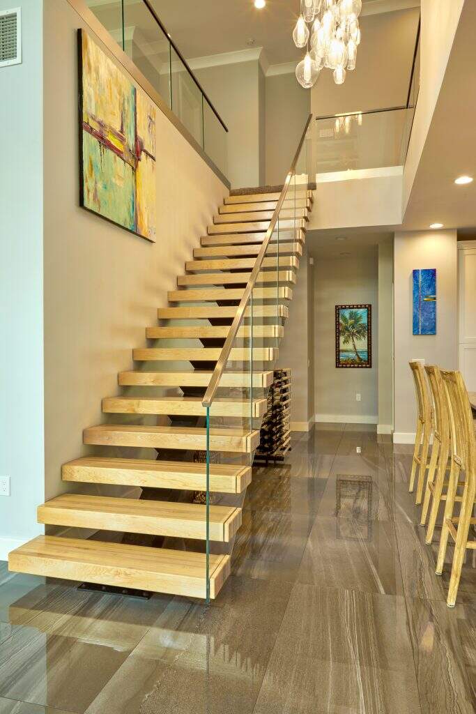 Fancy style powder coated black mono steel beam white oak steps with glass railing floating stairs for villa supplier