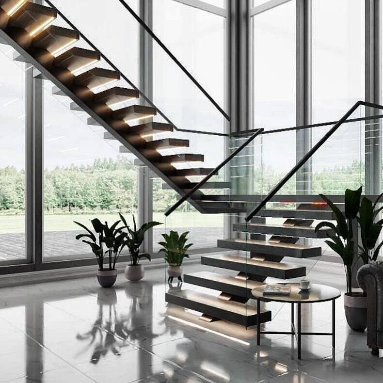 Fancy style powder coated black mono steel beam white oak steps with glass railing floating stairs for villa