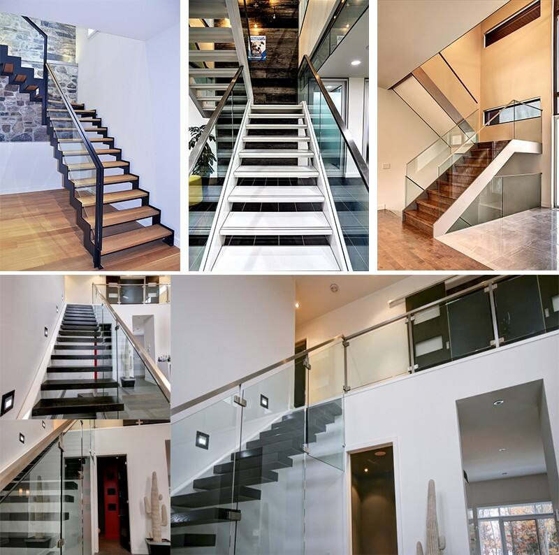 Modern design Interior zig zag stairs basalt stair step and tempered glass panel railing handrail staircase system supplier