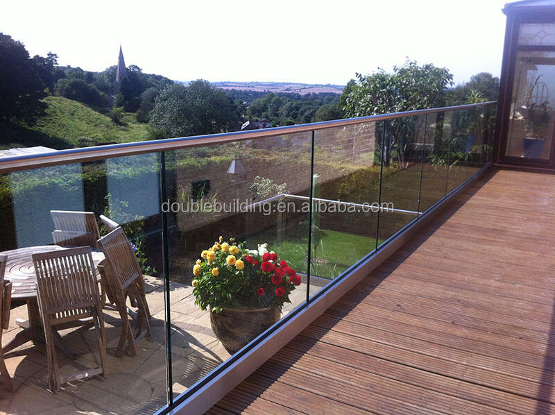 Fancy style matte black powder coated u channel tempered glass balcony deck railing with led lights details