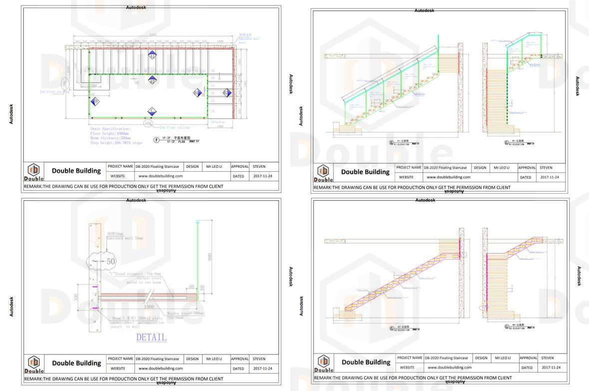 Modern design Interior zig zag stairs basalt stair step and tempered glass panel railing handrail staircase system supplier