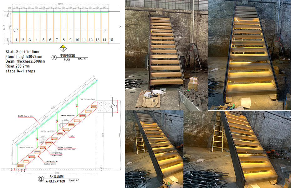 Straight Run Floating staircase customized to make with beech wood stair treads and tempered glass railing stairs system manufacture