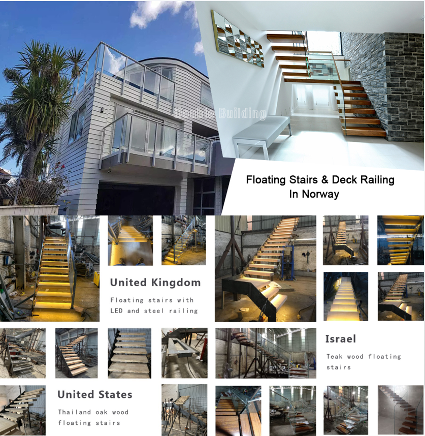 Fancy design embedded steel stringer white oak open wood steps cantilever floating stairs with railings from Foshan factory manufacture