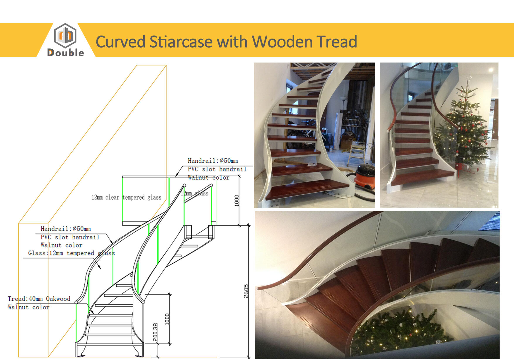 Curved/Arc spiral Staircase, Indoor staircase,Luxury Modern Home Decoration Glass decor stairs wooden Stairs supplier