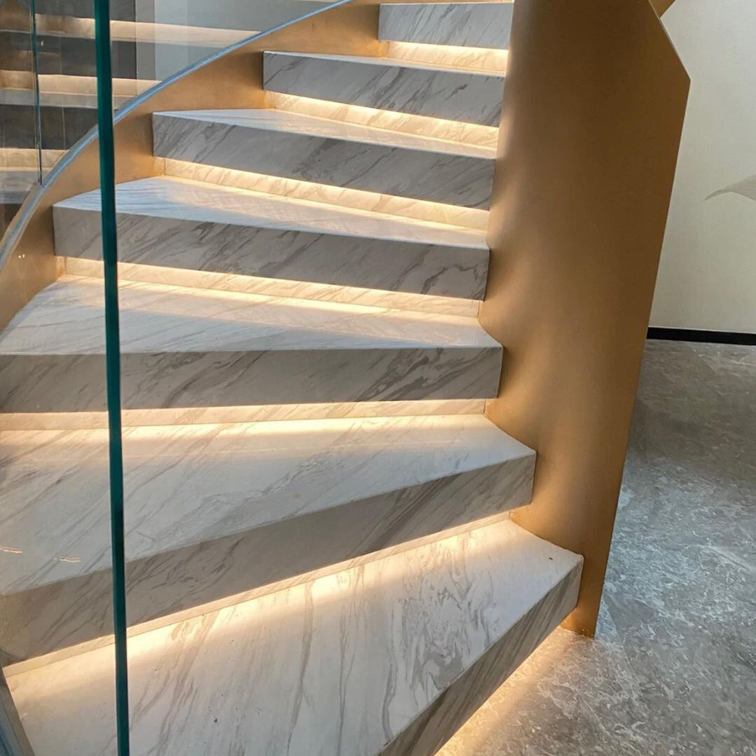 Luxury modern custom led light floating wooden curved staircase interior staircase save space wood floating stairs