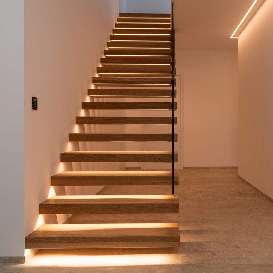 standard modern interior straight staircase led light with sensor wall lights floating staircase wooden tread