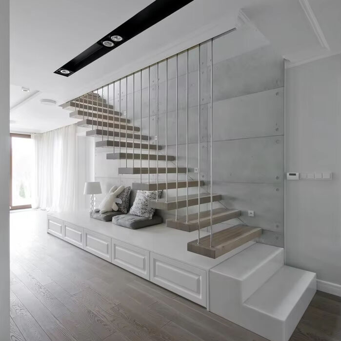 Modern high-end rope floating straight staircase customization with solid wood tread