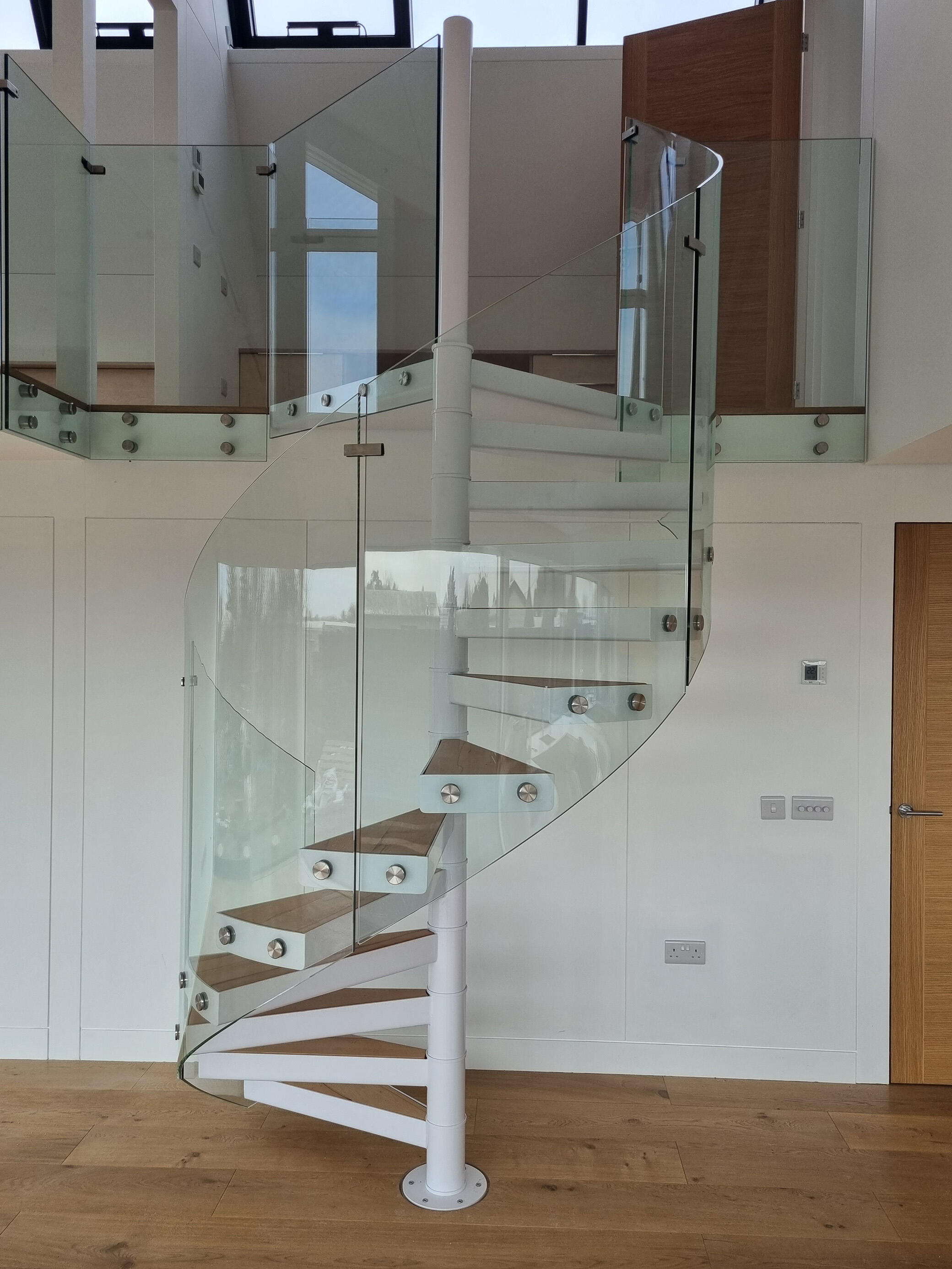 Home stair case balustrade S.S frameless stainless steel standoff glass railing indoor details