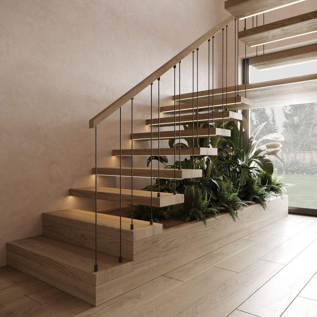 Straight Run Floating staircase customized to make with beech wood stair treads and tempered glass railing stairs system