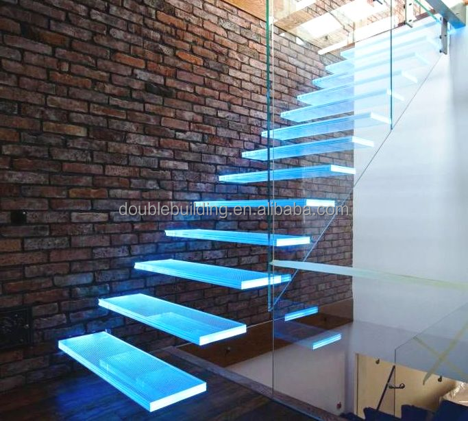 DB Modern Colorful Laminated Tempered Glass Tread Floating Straight Staircase for America manufacture