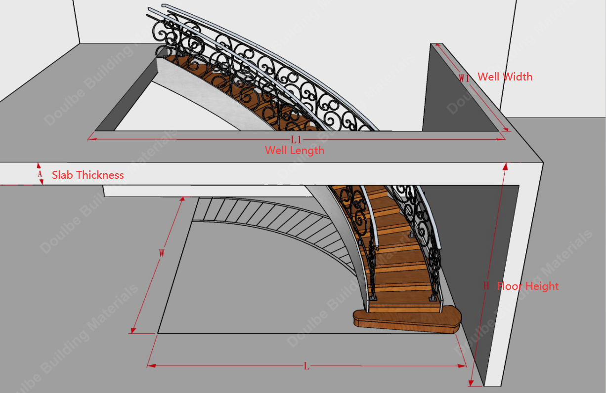 Beautiful Design Wrought Iron Railing Curved Staircase from Foshan Factory manufacture