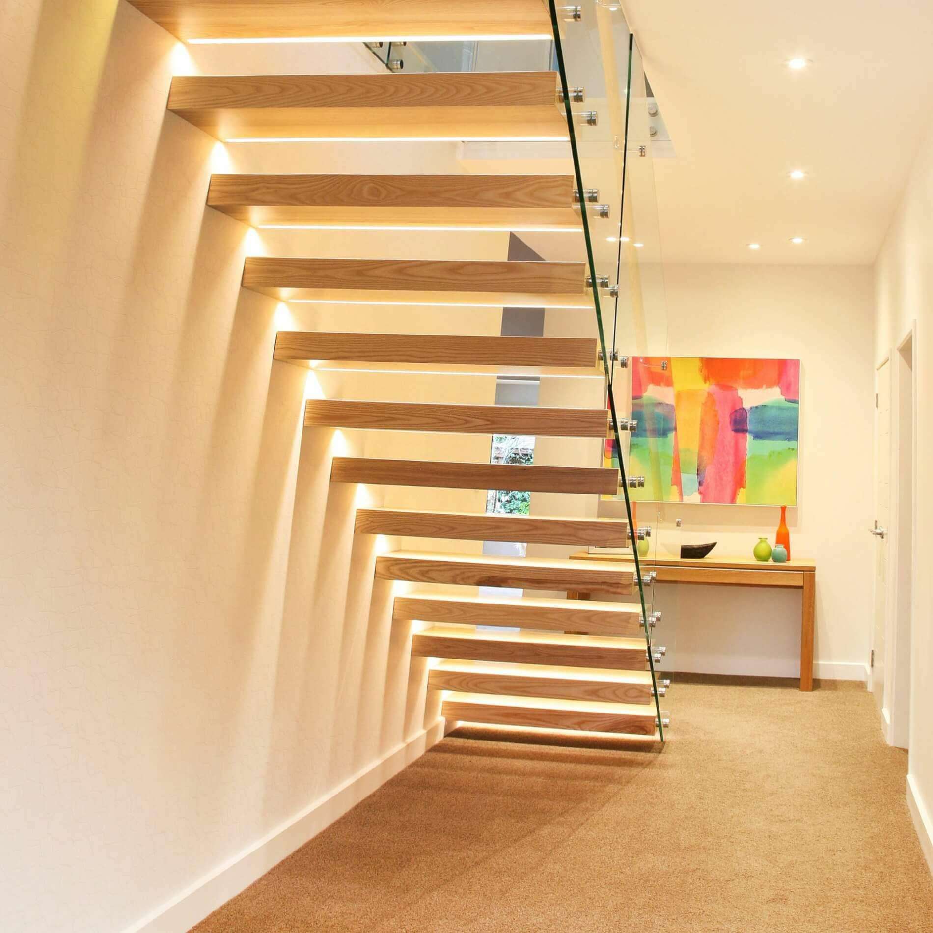 standard modern interior straight staircase led light with sensor wall lights floating staircase wooden tread details