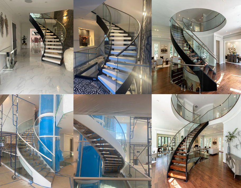 Various Style Custom Stairs Curved Staircase with Glass Railing from Foshan Factory details