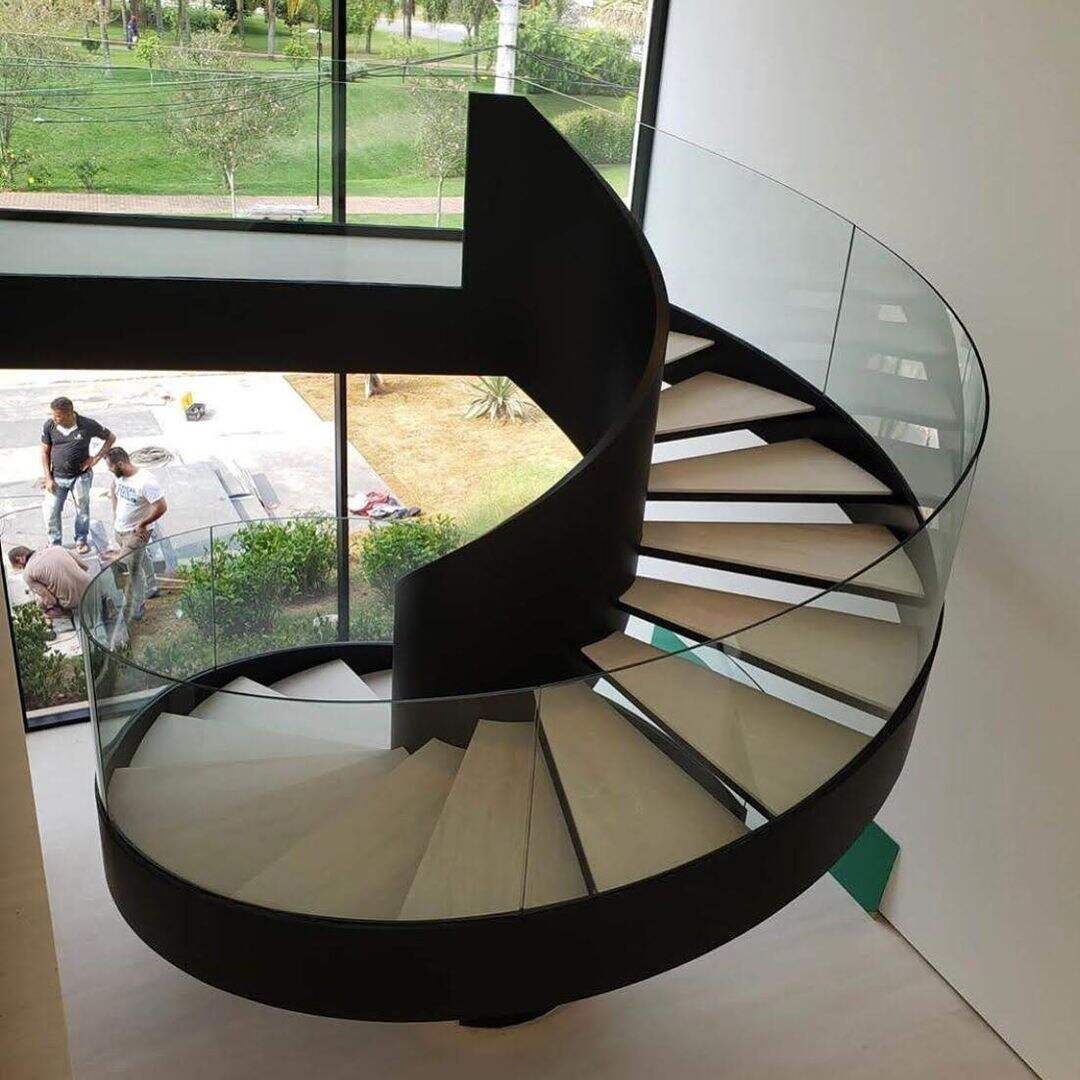 Made in china Canada standard solid wooden indoor metal curved stringer straight staircase