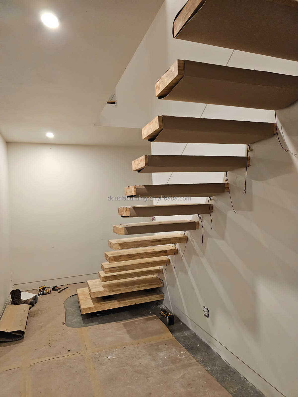 DB Clear Varnish Wooden Tread Staircase Floating Straight Stairs Customized Interior Stairs designs details