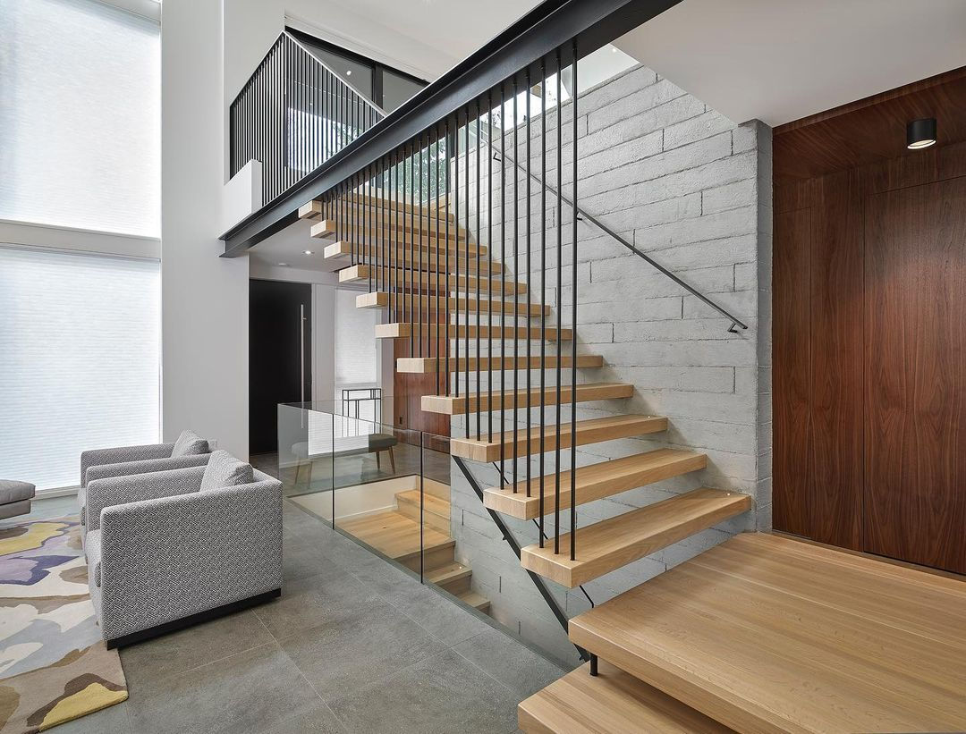 Modern high-end rope floating straight staircase customization with solid wood tread details