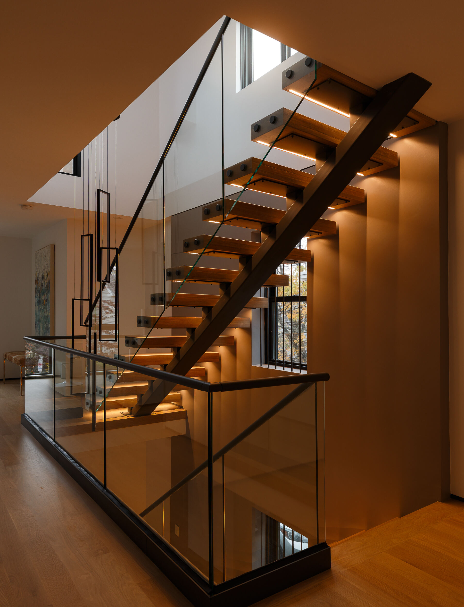 standard modern interior straight staircase led light with sensor wall lights floating staircase wooden tread details