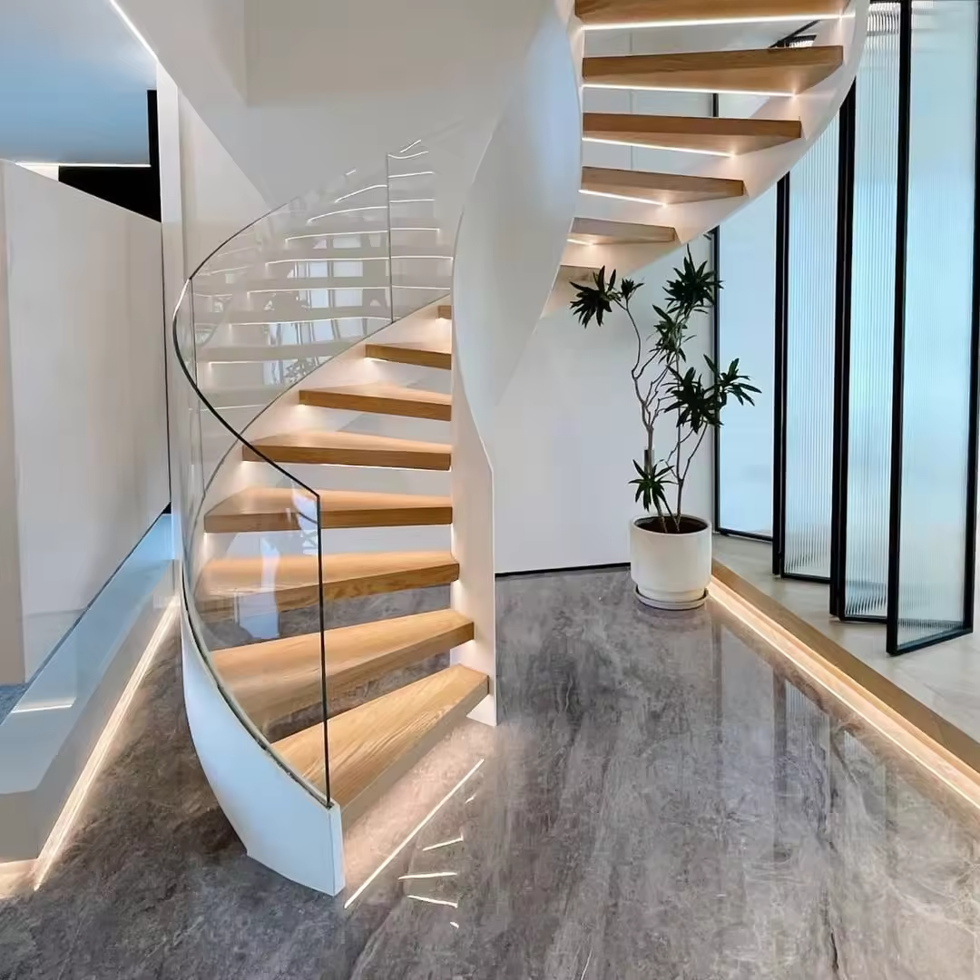 Curved/Arc spiral Staircase, Indoor staircase,Luxury Modern Home Decoration Glass decor stairs wooden Stairs