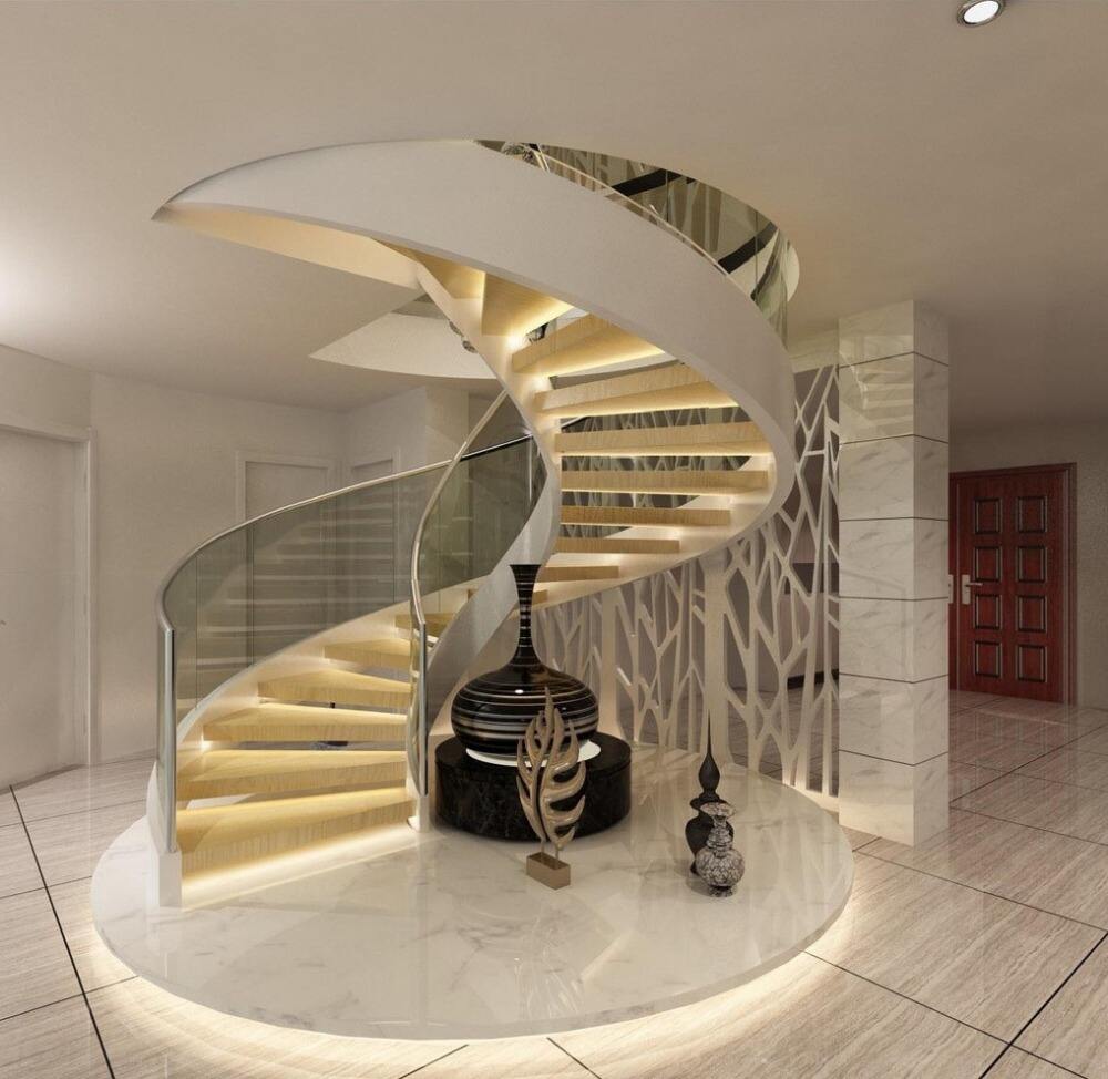 Various Style Custom Stairs Curved Staircase with Glass Railing from Foshan Factory details