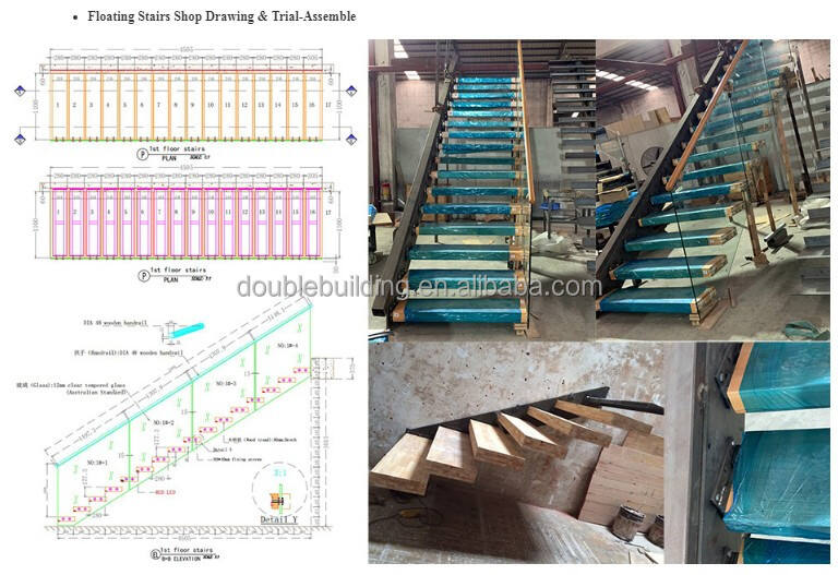 Modern design Interior zig zag stairs basalt stair step and tempered glass panel railing handrail staircase system supplier