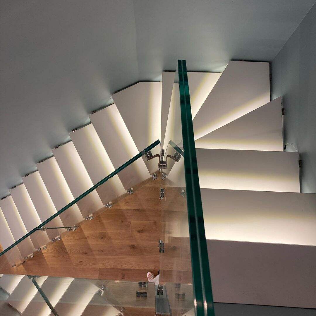 modern custom mono beam stairs glass led light mono stringer floating stairs white oak stair treads