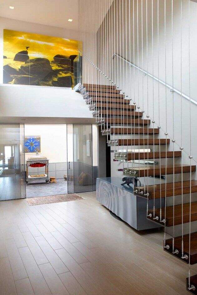 Modern high-end rope floating straight staircase customization with solid wood tread supplier