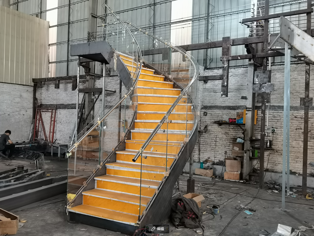 Various Style Custom Stairs Curved Staircase with Glass Railing from Foshan Factory details