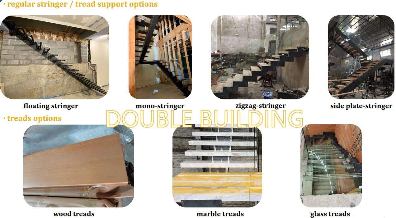 Modern design Interior zig zag stairs basalt stair step and tempered glass panel railing handrail staircase system details