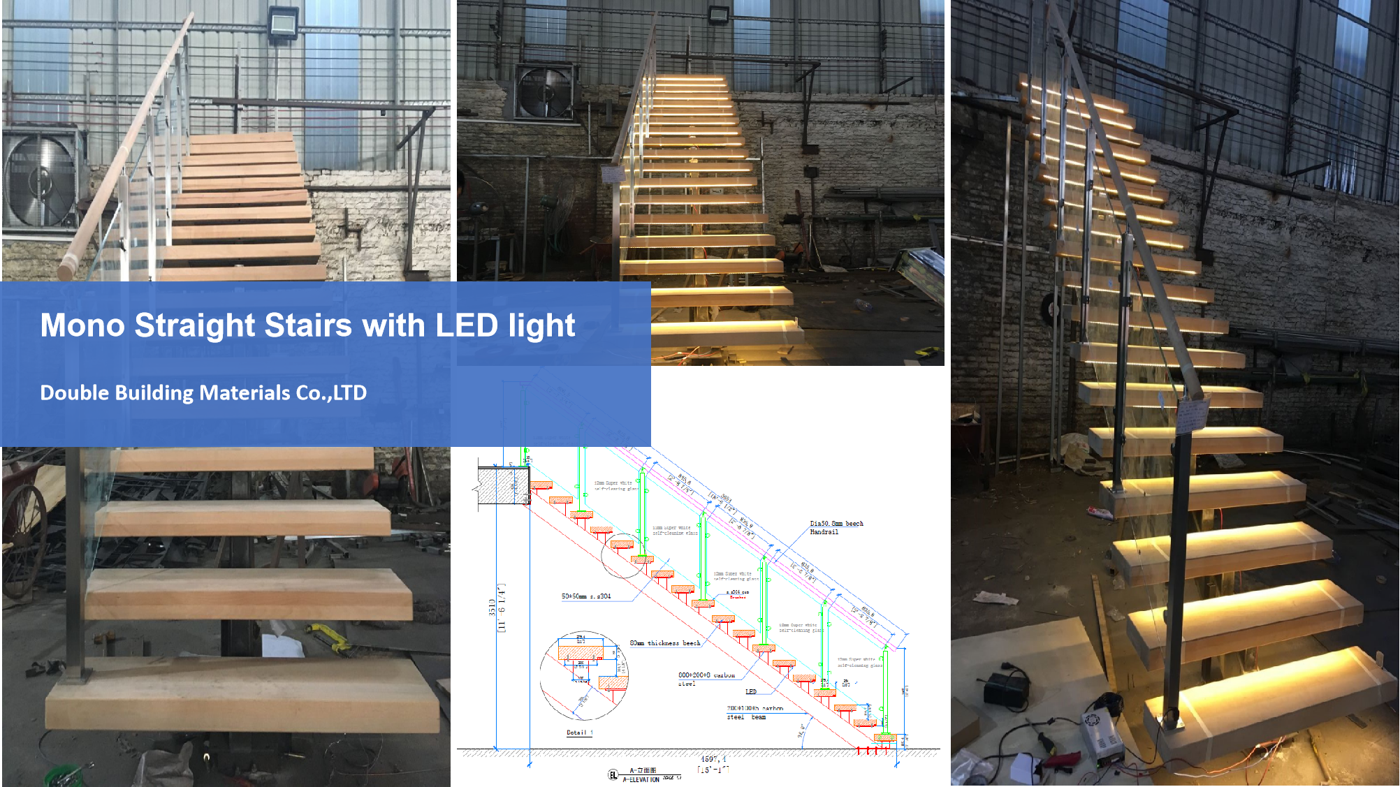 Straight Run Floating staircase customized to make with beech wood stair treads and tempered glass railing stairs system details