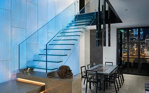 DB Modern Colorful Laminated Tempered Glass Tread Floating Straight Staircase for America