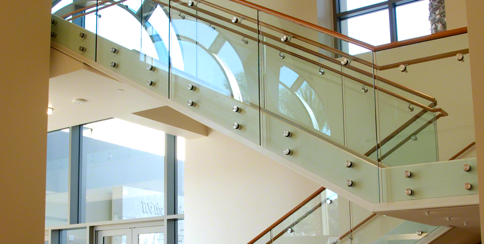 Home stair case balustrade S.S frameless stainless steel standoff glass railing indoor supplier