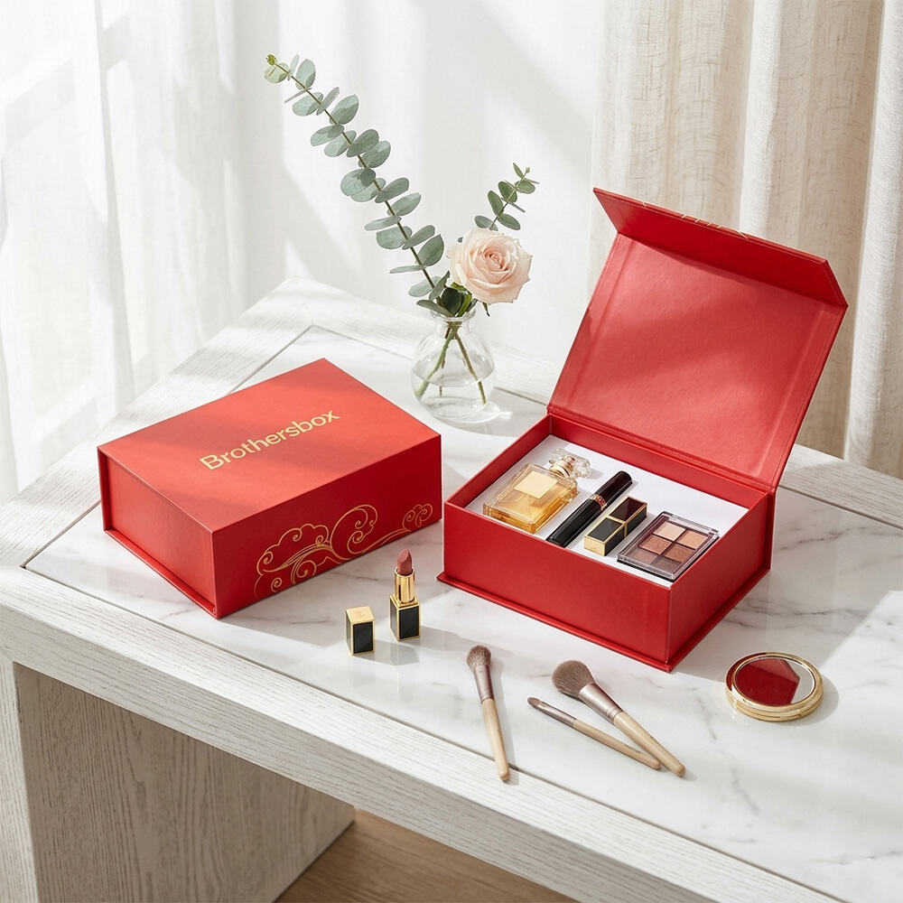 علب هدايا فاخرة مخصصة باللون الأحمر مع إغلاق مغناطيسي صلب للمنتجات التجميلية