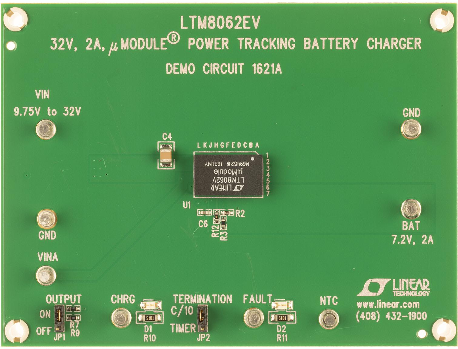 LTM8062EV Demo Board, 32V, 2A module Li-Ion Battery Charger with MPPT Reference Design using part LTM8062EV by Analog Devices