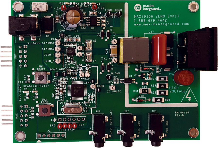 MAX79356CAEVK1#, Evaluation Kit (EV kit) demonstrates the functionality of the MAX79356 (ZENO) flexible narrowband OFDM powerline communication modem