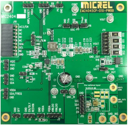 MIC24046YFL EV, Evaluation Board for the MIC24046 Pin-Programmable, 4.5 to 19V Input, 5A Step-Down Regulator Reference Design using part MIC24046YFL by Microchip Technology