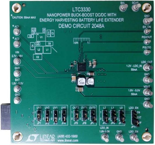 DC2048A, Demonstration Board using LTC3330EUH nano-power Buck-Boost DC/DC with Energy Harvesting Battery Life Extender Reference Design using part LTC3330EUH#PBF by Analog Devices